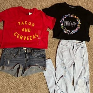 Outfit of tshirts, shorts, ripped jeans